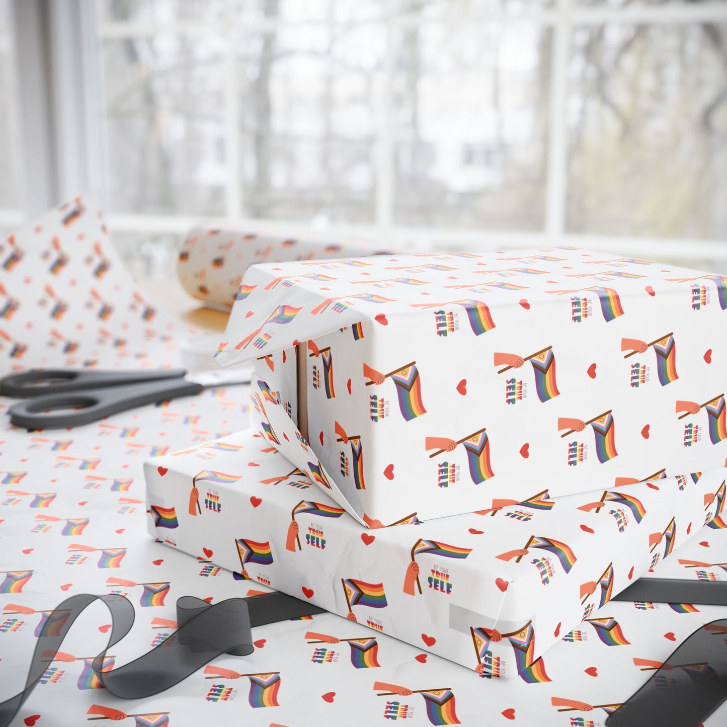 Pride Rainbow Icons Wrapping Paper Roll — LGBT Gift Wrap for Birthdays & Celebrations