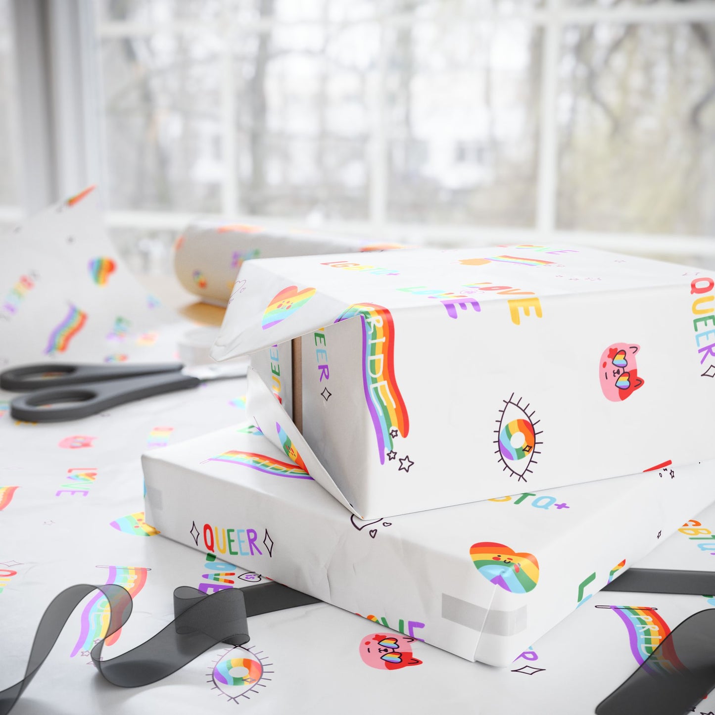 Pride Rainbow Icons Wrapping Paper Roll — LGBT Gift Wrap for Birthdays & Celebrations