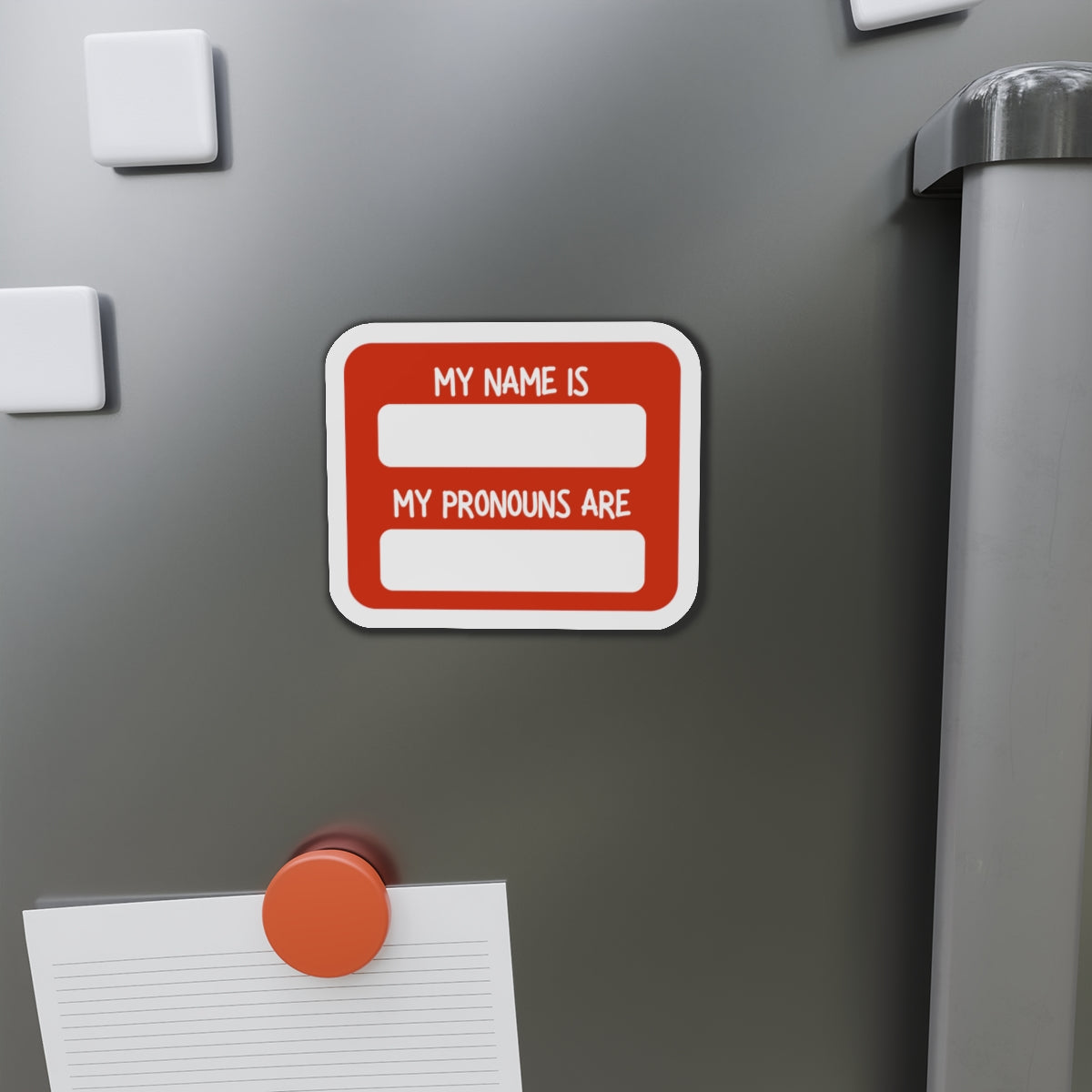 My Name Is / My Pronouns Are Die-Cut Magnet – Red Name Tag Pronouns Badge for Fridge, Office, Events