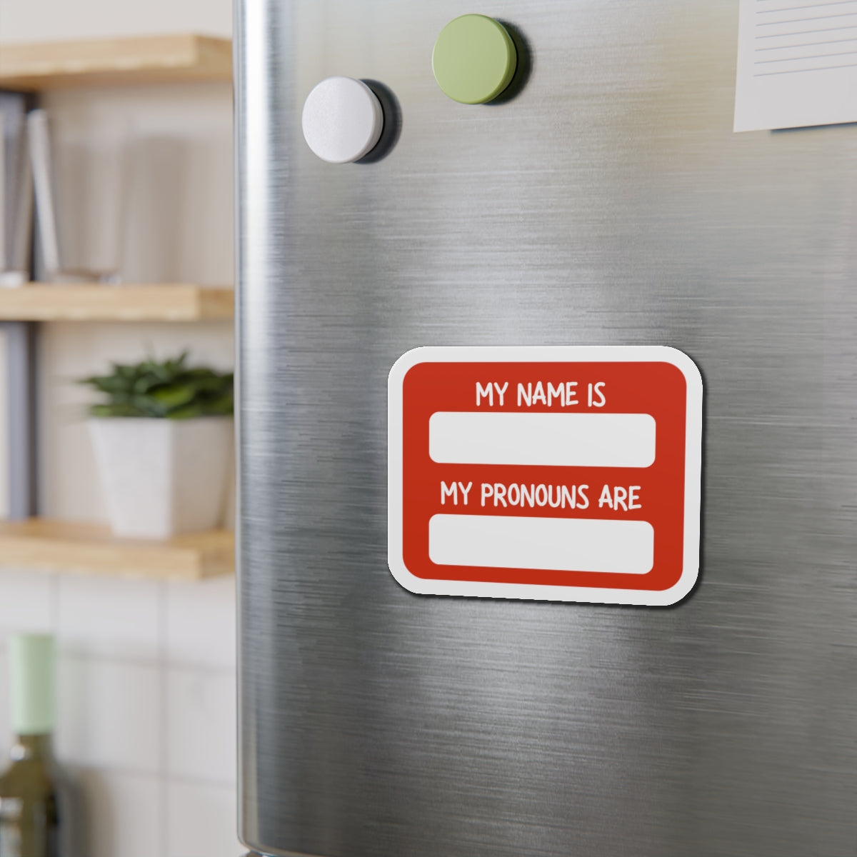 My Name Is / My Pronouns Are Die-Cut Magnet – Red Name Tag Pronouns Badge for Fridge, Office, Events
