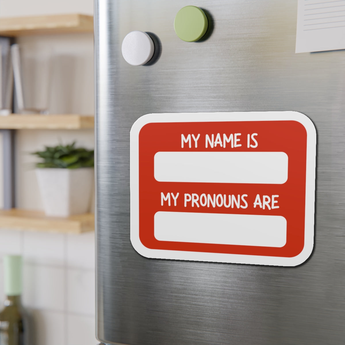 My Name Is / My Pronouns Are Die-Cut Magnet – Red Name Tag Pronouns Badge for Fridge, Office, Events