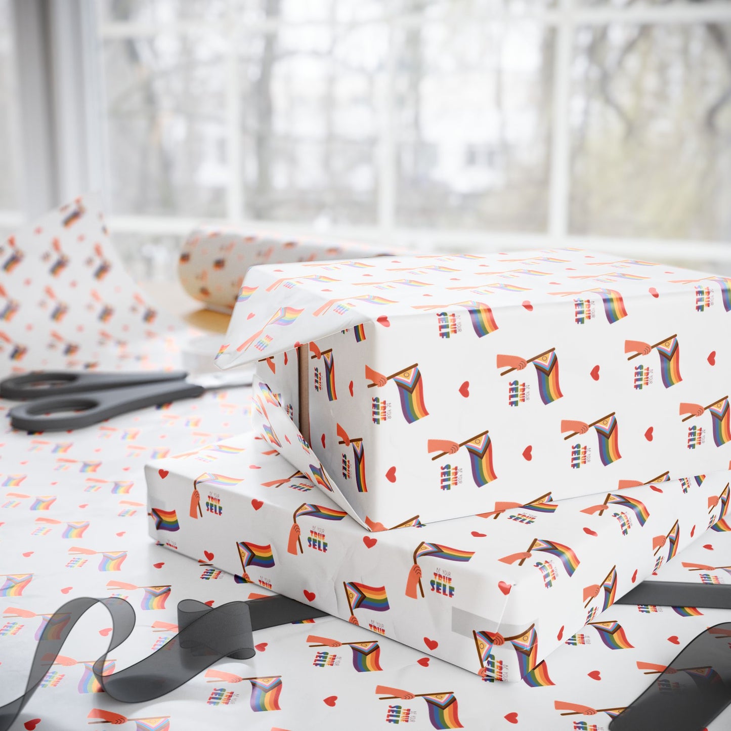 Pride Rainbow Icons Wrapping Paper Roll — LGBT Gift Wrap for Birthdays & Celebrations