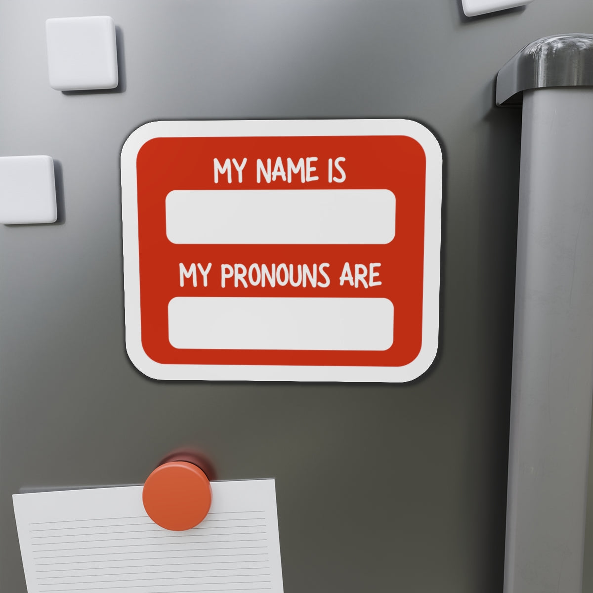 My Name Is / My Pronouns Are Die-Cut Magnet – Red Name Tag Pronouns Badge for Fridge, Office, Events