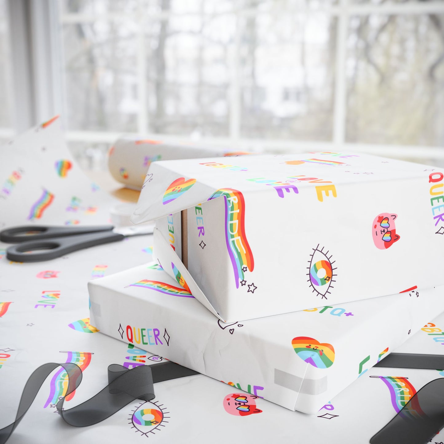 Pride Rainbow Icons Wrapping Paper Roll — LGBT Gift Wrap for Birthdays & Celebrations