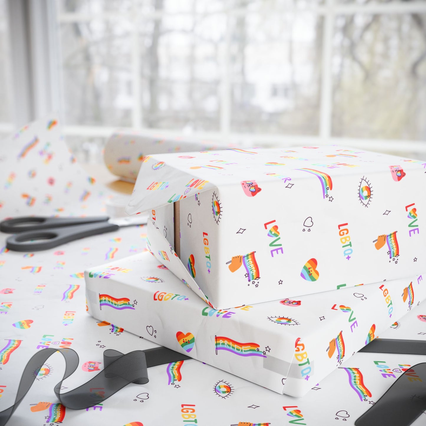 LGBTQ+ Pride Flag Love Is Love Rainbow Icons Wrapping Paper Roll —Queer Gift Wrap for Birthdays, Christmas, Holidays & Celebrations