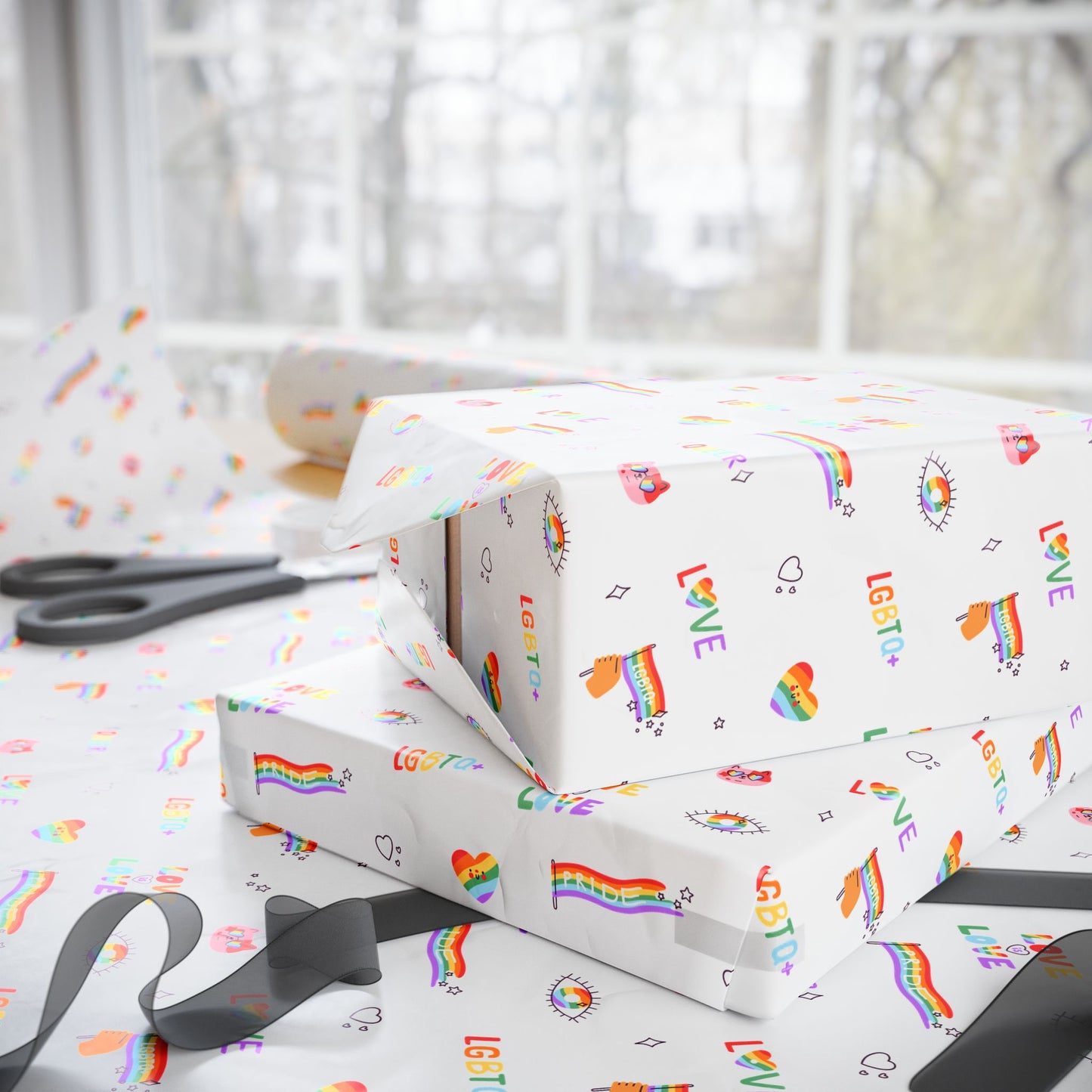 LGBTQ+ Pride Flag Love Is Love Rainbow Icons Wrapping Paper Roll —Queer Gift Wrap for Birthdays, Christmas, Holidays & Celebrations